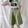 Seoulish été femmes décontracté Cargo demi pantalon avec ceinture taille haute Chic large jambe pantalon élégant pantalon ample poche 210721