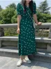 Grön plus storlek blommig utskrift sommar klänning kväll lång vintage es oversize kortärmad strand kvinnor robe vestido prom 210623