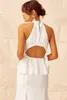 Women Dress Ruffles Sleeveless Sexy White Dresses Drawstring Plus Size Vintage Long Fashion 210513