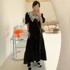 Early Summer Dress New Playful Lace Stitching Women Dresses Big Lapel Loose Bubble Sleeves V-neck Dress Robe Vintage Dress 14302 210417