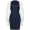 Sexy Designer Long Puff Sleeve Blue Bandage Dress Ladies Contrast Color Skinny Mini Party Vestido 210527