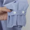 Puff Sleeve Long Turn Down Collar Blue Striped Shirt Women Pleat B0149 210514