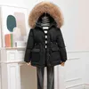 Winter Women Grube Ciepłe Duże Prawdziwe Futro Z Kapturem Kurtka 90% White Duck Coat Talia Chowany Parker Płaszcz 210430