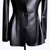 Lautaro Autunno Nero Slim Soft Pu Giacca in pelle Donna Profondo scollo a V Manica lunga a sbuffo Elegante Blazer con gonna di lusso Moda 210916