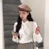Bow Korean Blouse Women Casual Solid Office Lady White Shirt Fashion Autumn Clothes Elegant Long Sleeve Female Work Tops 210604