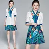 夏のファッション2ピースセット女性ストライプボウカラーフリルシャツトップ+植物鳥プリントスカートスーツ210531