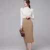 Elegant Ladies Casual Suit Spring Women Off Shouder Chic White Knitted Tops + Solid Hight Waist Sheath Skirt 2 Piece set 210603