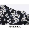 Женщины Chic Fashion Floral Print Pliated Мини-платье Винтаж V-образных шейных рукава женских платьев Vestidos Mujer 210416