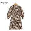 Women vintage animal pattern print short shirt Dress Office Lady poskets patch lantern sleeve Vestido Chic Dresses DS4354 210420