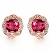 14K Rose Gold Color Flower Red Crystal Ruby edelstenen Diamanten Stud Oorbellen voor Vrouwen Klassieke Sieraden Brincos Mode Bijoux