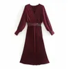 Women Chic Fashion Wine Red Midi Dress Vintage Cross v-neck Long Sleeve Female Pleated Dresses Vestidos Mujer 210430