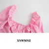 Women Fashion Summer V Neck Pink Ruffles Dresses Elegant Short Sleeve Sheath Ladies smocked elastic hem Mini 210520