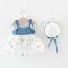 Sommer Neue Infant Kinder Baby Mädchen Denim Patchwork Hosenträger Prinzessin Tutu Kleid Mit Hut Nette Q0716