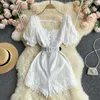 Korean Girls Sweet Emboidery Lace Playsuits Solid Square Neck Short-sleeve High Waist Wide Leg Shorts Summer Jumpsuits with Belt 210603