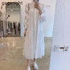 Mode Femmes Chemise Blanche Maxi Robe À Manches Longues Solide Robes Lâches Bureau Dame Simple Boutonnage Robes Drop 210601