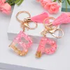 Women Pink English Letter Keychain With Tassel Colorful Stone Filling Resin A-Z Initial Key Chain Bag Hanging Pendant Keyring