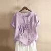Roxo Violeta Camiseta Verão Lavanda Impressão Botão Feminino Camiseta Casual Manga Curta Algodão Linho Tops Mujer Plus Size S-4XL T200613