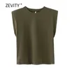 Zevity Lato Kobiety Cukierki Kolory Podkładki Ramię Casual Kamizelka T Shirt Kobieta Podstawowa Solidna Rękawów Chic Luźne Topy T690 210623