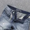Été italien mode hommes jean rétro bleu détruit broderie déchiré Denim Shorts patchs Designer Hip Hop court 01B5