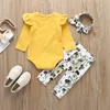 Baby Girls Clothes Set Autumn Outfit Toddler Fly Sleeve Romper Top och Floral Pants With Headband 3pcs Barnkläder