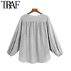 Women Fashion Semi-sheer Pleated Loose Asymmetric Blouses Vintage Long Sleeve Button-up Female Shirts Chic Tops 210507