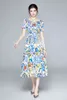 Runway Summer Blue and White Porcelain Print Flower Midi Dress Women's Sexy Slash Neck Kort ärm Elastisk midja Bohemian 210519