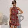 Summer Floral Print Sleeveless Off Shoulder Mini Dress Women Casual Slim Lace Up Decor Bow Design Halter Short Dresses Vestidos 210522
