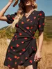 Heart Print Black Wrap Dress Casual Women Summer Beach Style Sundress Vestidos De Mujer French Vintage Mini 210427