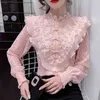 Ezgaga Elegant Blusströja Kvinnor Lace Patchwork Chiffon Beading Buckle Spring Långärmad Koreanska Toppar Kontor Lady Fashion 210430