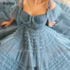 Booma Blue Długi Prom Dresses Sweetheart Crumpled Tulle Ruffles Suknie Wieczorowe Off Ramię Losted A-Line Dresses Bow Belt 210719