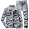Autunno Uomo Set manica lunga giacca cargo lavato jeans vintage street casual motociclista giacche pantaloni due pezzi tuta da uomo