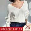 Pull surdimensionné pour femmes tricoté automne hiver col en V bleu pull en tricot épais à manches longues blanc chaud chandails pour femmes 210812