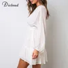 DICLOUD Sexy Plunge V Neck Women's Summer Dress White Lace Long Sleeve Mini Wedding Party Dress Ruffle Elegant Clothes 210401