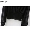 Yenkye mode kvinnor sexig transparent mesh blus tröja långärmad v nacke ruffle vintage black top kvinnliga prickade blusas toppar 210515