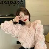 Asapgot Fashion Chic Korea Plysch V-Neck Tassel Tröjor Coat Höst Vinter Tjock Vild Rosa Långärmad Cardigan Top Sweet 210812