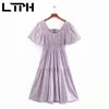 Fashion Sweet purple V-Neck Lantern sleeve women dress long big swing High waist vintage elegant dresses Spring 210427