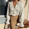 Vintage Ruffle V Neck Lace Up White Blouse Shirt Long Sleeve Summer Spring Beach Tops Crop Mujer 210427