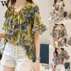 ウォーマイルシャツの女性夏のエレガントなファッションプリント半袖冷たいショルダーフリルシフォンシャツオフィスレディースワークブラウスx0521