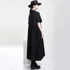 [EAM] Women Black Big Size Casual Ruffles Pleated Dress Lapel Short Sleeve Loose Fit Fashion Spring Summer 1DD8524 210512