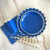 Disposable Dinnerware Blue Tableware Paper Straw Cup Plates Party Baby Shower Birthday Supplies Favors Carnival Wedding Decor