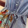 Plus Size XL-5XL Denim Dresses Women Summer Retro Pattern Printing Drawstring tie Single-breasted Short Sleeve Denim Dress 210514