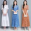 High Quality summer fashion temperament women O Collar Flower Printed short Sleeve Chiffon Long Dress 210531