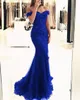 Royal Blue Mermaid Evening Dresses 2021 Nya Kvinnor Båthals Appliques Lace Formell Party Elegant Off Shoulder Long Robe de Soiree