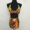 Rhombic Sequins Lady Outfits Halter V-Neck Backless Camis Sexy Hollow Out Mini Skirt Summer Fashion Rave Festival Body Chain Set 210730