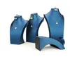 Förpackningsmyckespackaging Blue Pu Leather Jewely Set Display Stand smycken Ringörhängen Halsband Byst halsform för butiksfönster DR