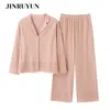 Pijamas conjuntos de mulheres de algodão puro temperamento coreano doce rosa cardigan sleepwear de mangas compridas Calças camisola 210901