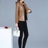 フェイクレザーコート女性秋の韓国の短いスリムブラックトップスオフィスレディングスリーブファッションイエローフィッシュテイル格子縞のジャケットJD310 210908