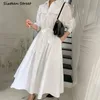 Weiße elegante Hemden Kleid Frau mit Gürtel Niet Maxi Vestido Frauen Kleidung Vintage Einreiher OL Arbeitskleider weiblich 210603