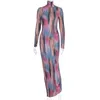 Cnyishe tie dye sexy spleet lange jurk vrouwen print partij lange mouwen jurken mode slanke vrouwelijke bodycon maxi jurk vestidos gewaden 210419