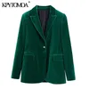 KPYTOMOA Kvinnor Mode Metal Knapp Velvet Green Blazer Coat Vintage Långärmad Flapfickor Kvinnlig Ytterkläder Chic Veste 211122